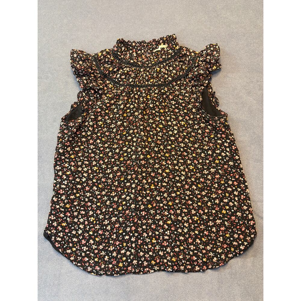 Loft Women’s Medium Ruffle Cap Sleeve Black Floral Print Smocked Blouse